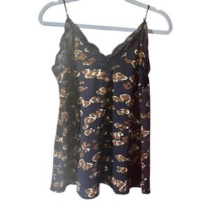 Fabrik Lace Trim Cami Top‎ Brown Animal Print Sleeveless Blouse Size S